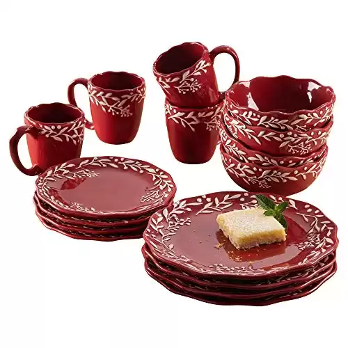 Bianca Mistletoe Holiday Round Dinnerware Set 16-Piece Ceramic Dinner Party Collection w/ 4 Dinner Plates, 4 Salad Plates, 4 Bowls & 4 Mugs Unique Gift Idea for Any Special Occasion, Red