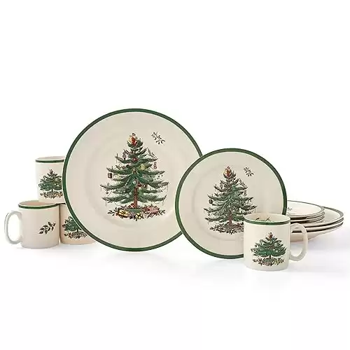 Spode Christmas Tree 12 Piece Dinnerware Set | Service for 4 | Dinner Plate, Salad Plate, and Mug | Made of Fine Earthenware | Microwave and Dishwasher Safe