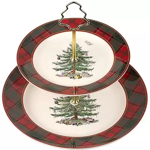 Spode Christmas Tree Tartan 2-Tiered Server, Holiday Cupcake Stand, Dessert Display Set, Earthenware Serving Platter, 10